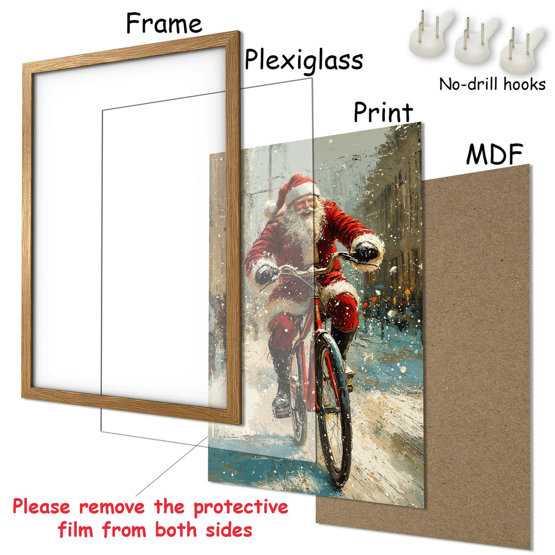Framed Poster of Santa Claus on a bike in a snowy scene. Artistic style, warm red & cool blue palette. Perfect Christmas decor.