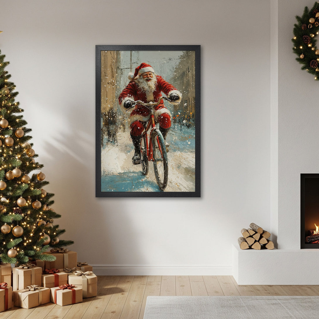 Framed Poster of Santa Claus riding a bike in a snowy scene, artistic style, red & blue palette. Perfect Christmas decor!