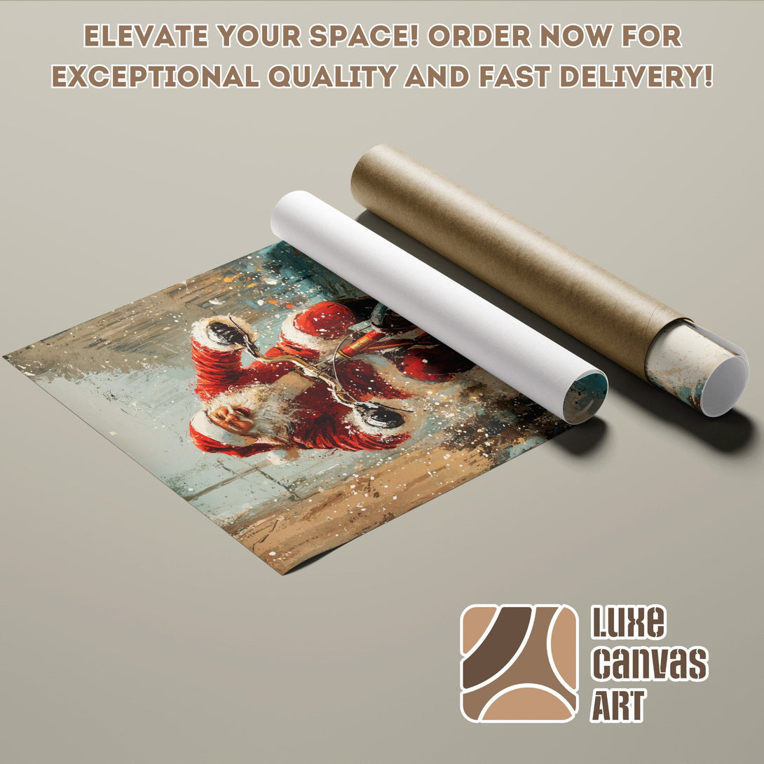 Santa Claus Poster Roll, abstract art style, red, brown, and blue color palette. Elevate your space!