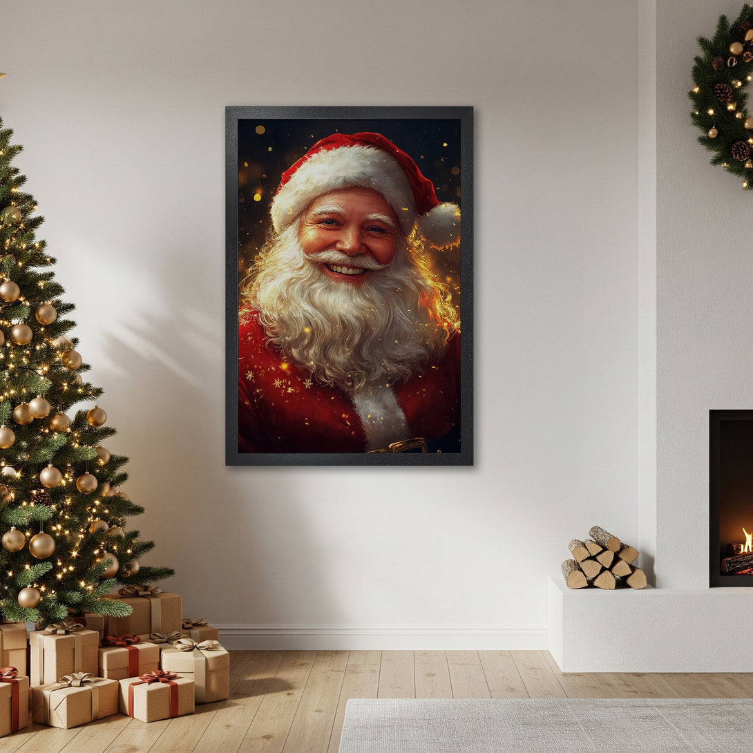 Framed Poster of Santa Claus smiling, festive artwork in red and gold tones, perfect Christmas decor.