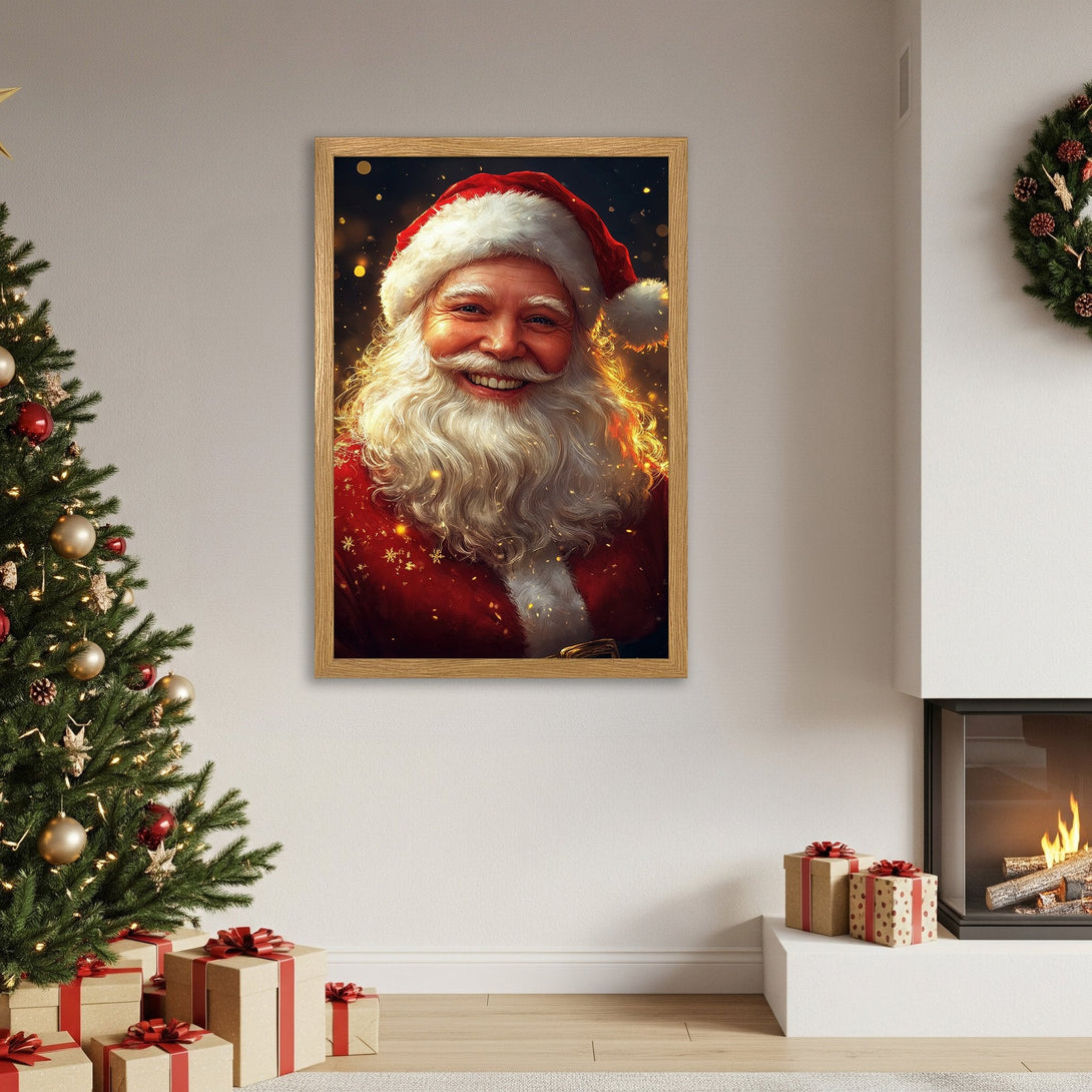 Framed Poster featuring Santa Claus, warm and inviting style, red and gold color palette. Perfect Christmas decor!