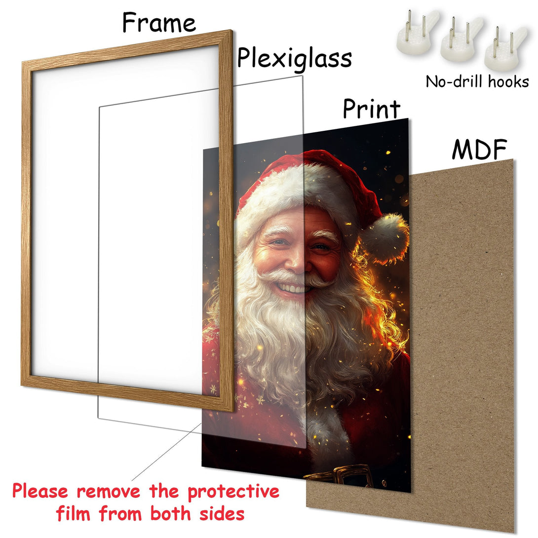 Framed Poster featuring Santa Claus, vibrant digital art style with warm red and gold color palette. Ready to hang!