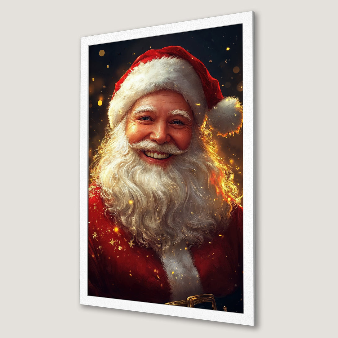 Framed Poster featuring Santa Claus smiling, vibrant red and gold color palette, festive and joyful art style. Perfect Christmas decor!