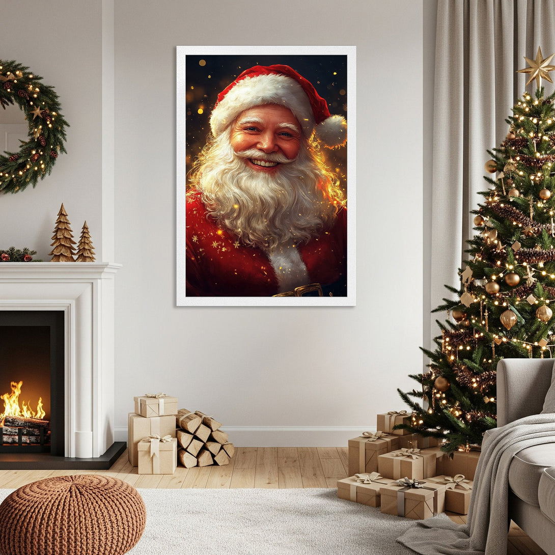 Framed Poster of Santa Claus, festive illustration in red and gold, perfect Christmas wall art.