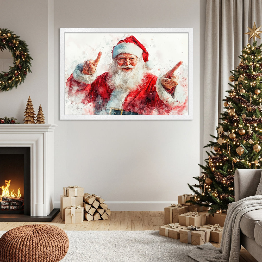 Framed Poster of Santa Claus in watercolor style, red and white palette, perfect Christmas decor.