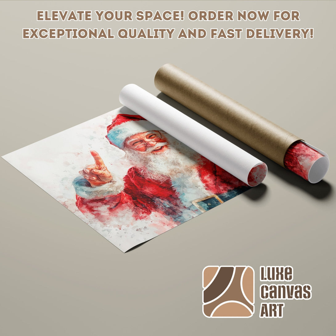 Santa watercolor Poster Roll, red & blue palette, perfect holiday decor.