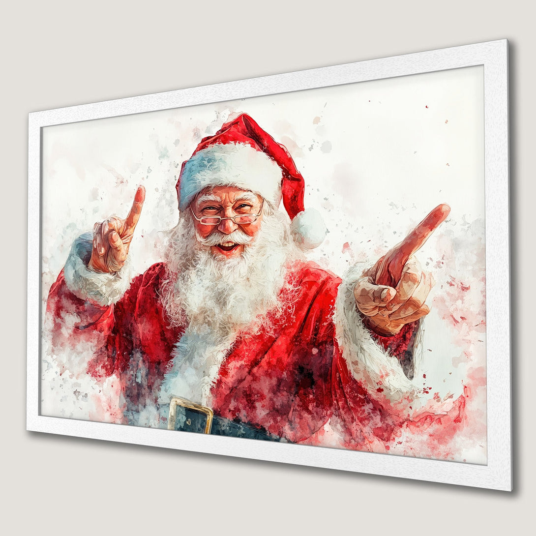 Framed Poster of Santa Claus in watercolor style, featuring red and white color palette. Perfect Christmas decor!