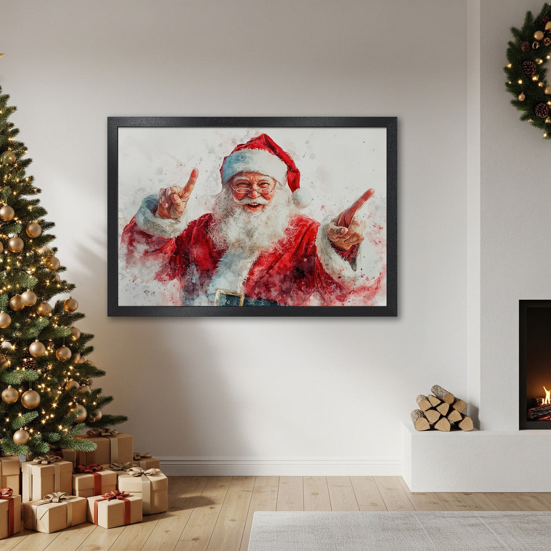 Framed Poster featuring Santa Claus in watercolor style, red & white palette, perfect Christmas decor.