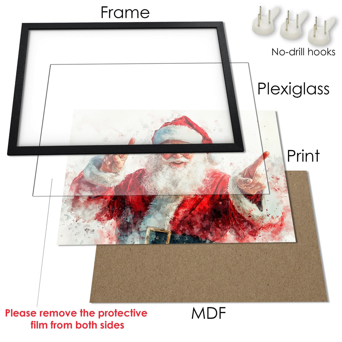 Framed Poster featuring Santa Claus in watercolor style, red and white color palette. Perfect Christmas decor!
