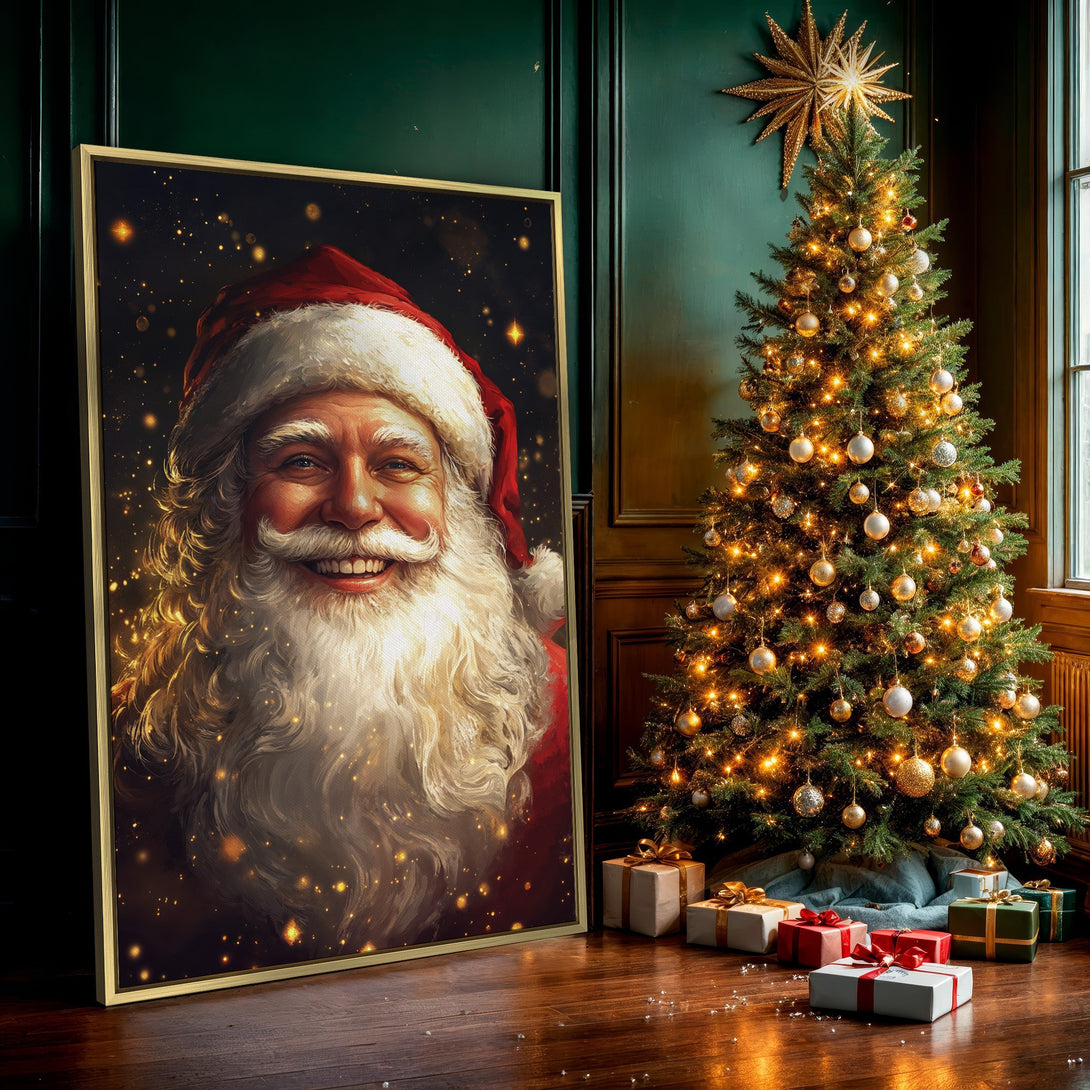Canvas Print of Santa Claus smiling, warm red and gold tones, festive holiday wall art for home decor.