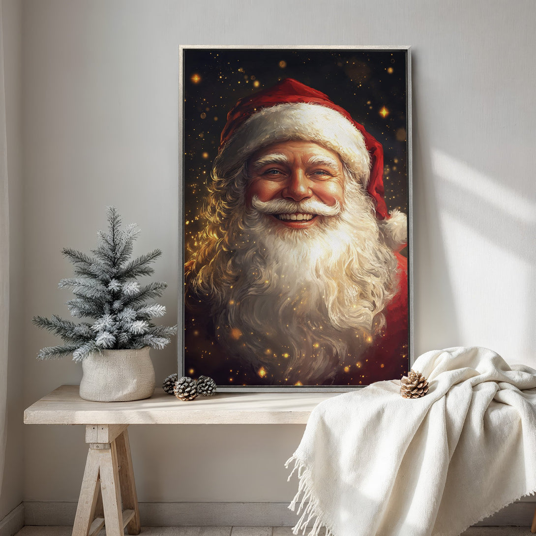 Framed Wall Art featuring a smiling Santa Claus portrait. Warm, inviting Christmas decor with red, gold, and white color palette. Perfect holiday gift!