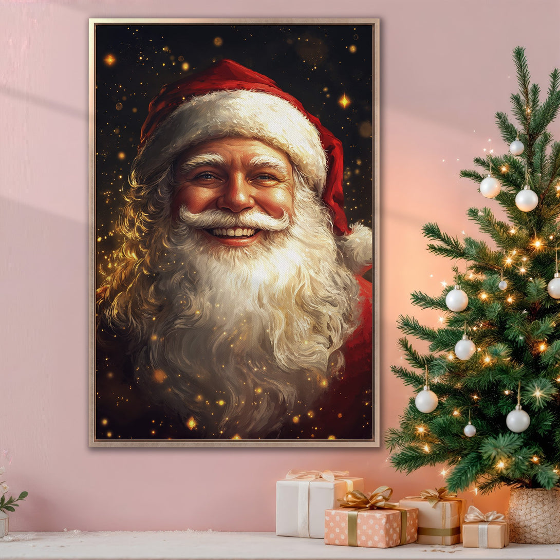 Framed Wall Art featuring Santa Claus. Festive, painterly style with red, gold, and white hues. Perfect Christmas decor for a cozy, warm interior.