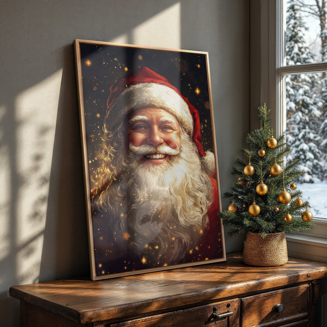Framed Wall Art featuring Santa Claus portrait in warm, festive colors. Perfect Christmas decor for a cozy interior. Shop now for holiday cheer!