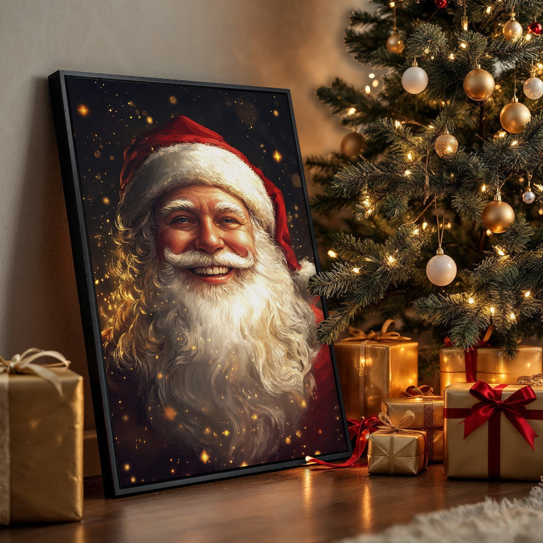 Framed Wall Art: Santa Claus portrait in a warm, festive scene. Rich red, gold, and black color palette for a cozy Christmas vibe.