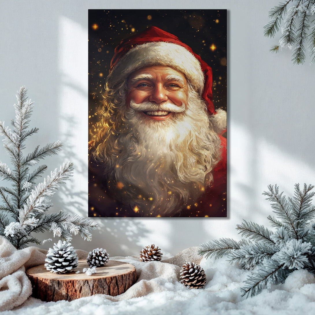 Framed Wall Art of Santa Claus, festive Christmas decor. Warm gold, red, and green color palette, perfect holiday gift!