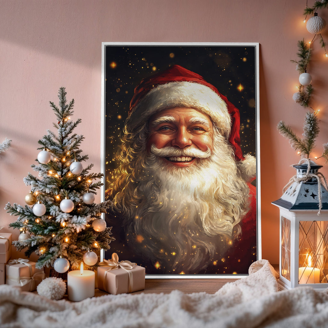 Framed Wall Art of Santa Claus with a warm, inviting color palette. Festive Christmas decor with a cozy, inviting feel. Perfect holiday gift!