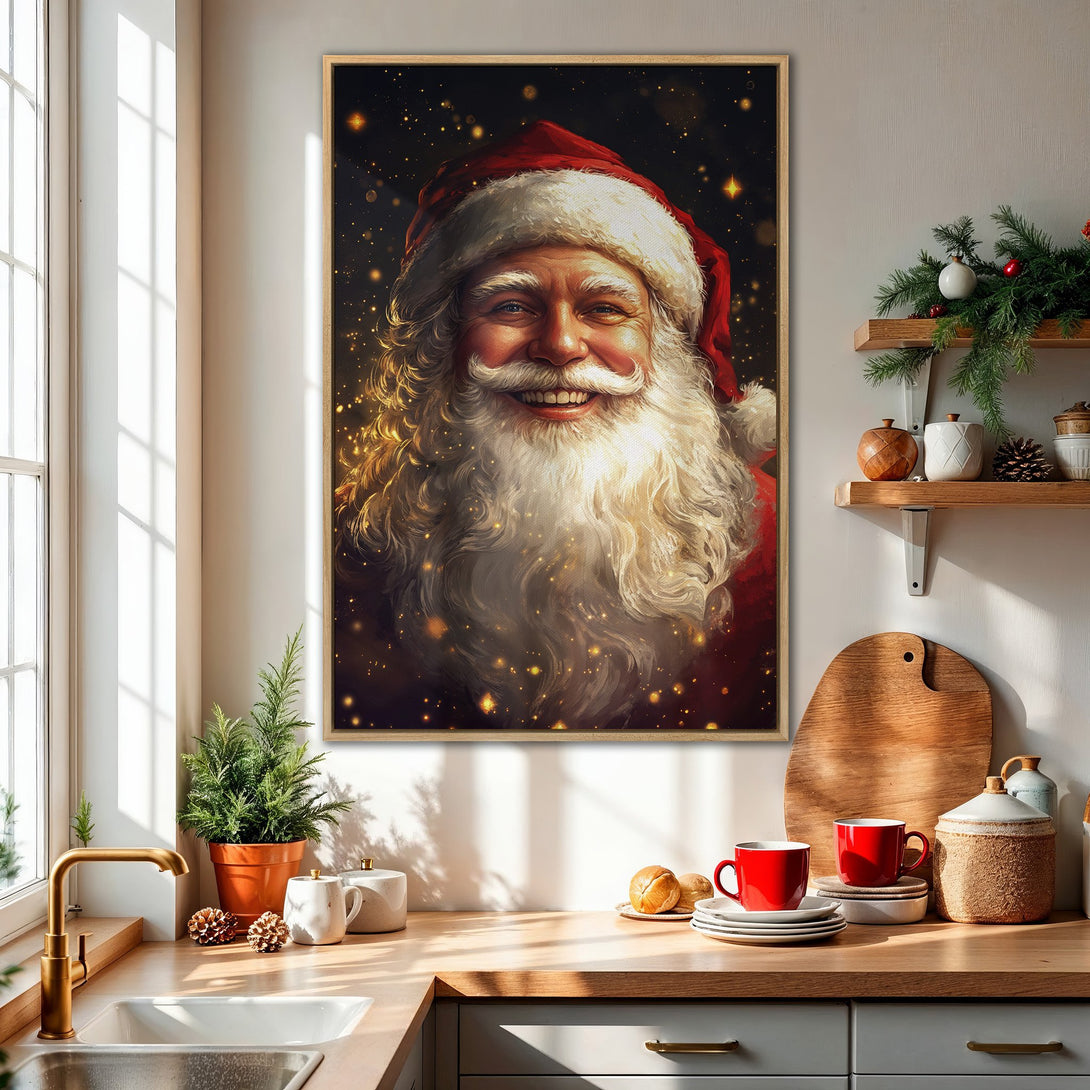 Framed Wall Art: Festive Santa portrait in warm red and gold tones. Perfect Christmas decor for your kitchen or living room. Add holiday cheer!