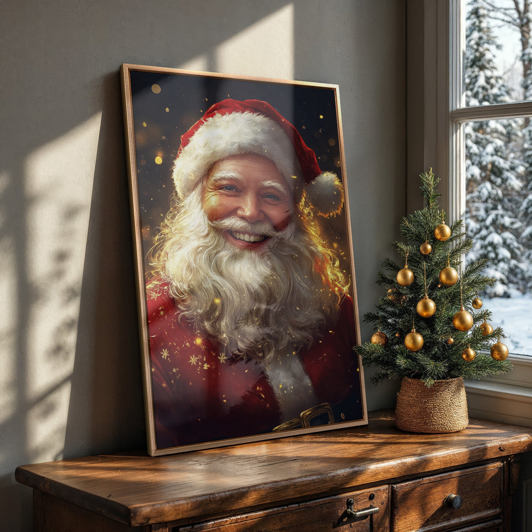 Framed Wall Art featuring a smiling Santa Claus portrait in a warm, festive color palette. Perfect Christmas decor for your home!