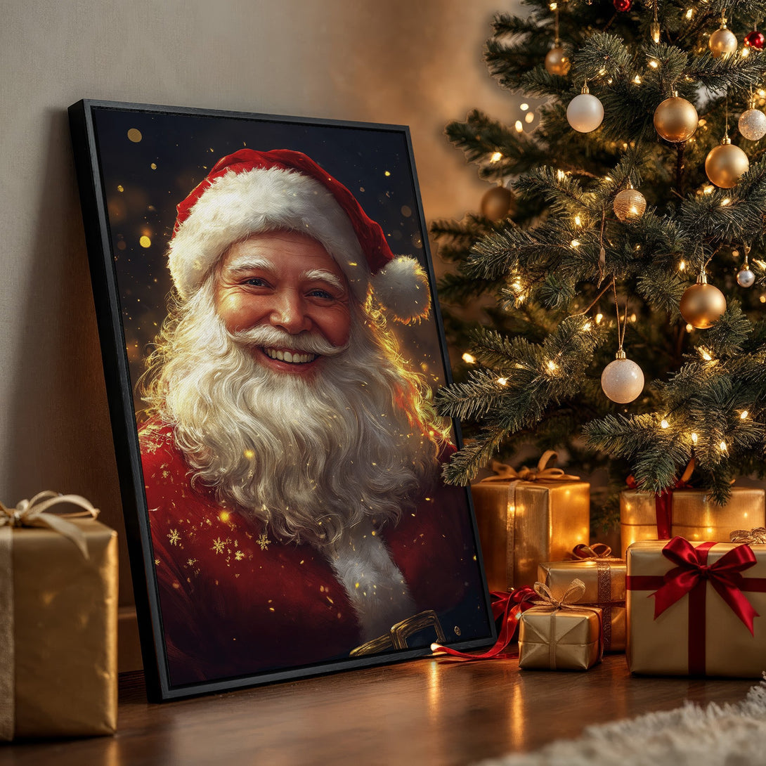 Framed Wall Art of Santa Claus with warm, festive color palette. Perfect Christmas decor for your home, featuring a smiling Santa!