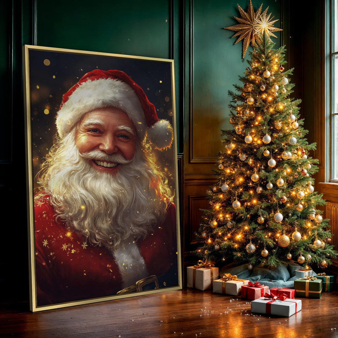 Canvas Print: Festive Santa portrait in warm red and gold tones. Perfect Christmas wall art to bring holiday cheer to your home!