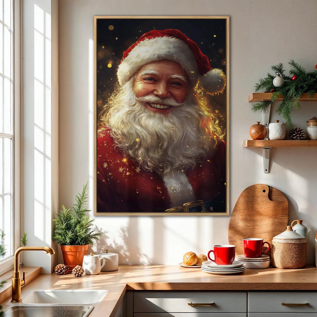 Framed Wall Art: Smiling Santa Claus portrait in a cozy kitchen. Festive red, gold, and white color palette, perfect for Christmas decor.