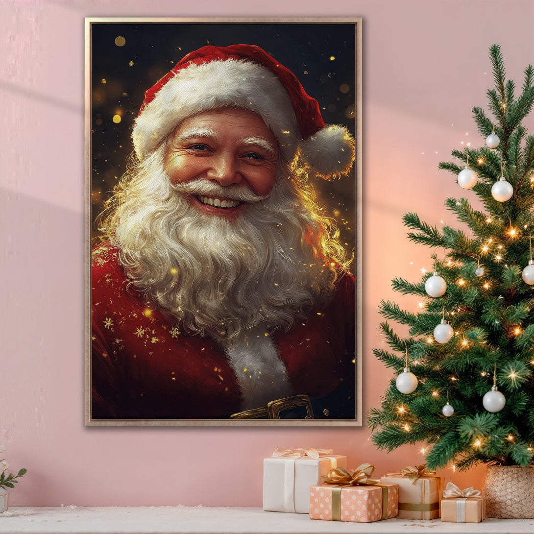 Framed Wall Art featuring a smiling Santa Claus in a warm red and gold palette. Perfect Christmas decor! Add festive cheer with this canvas print.
