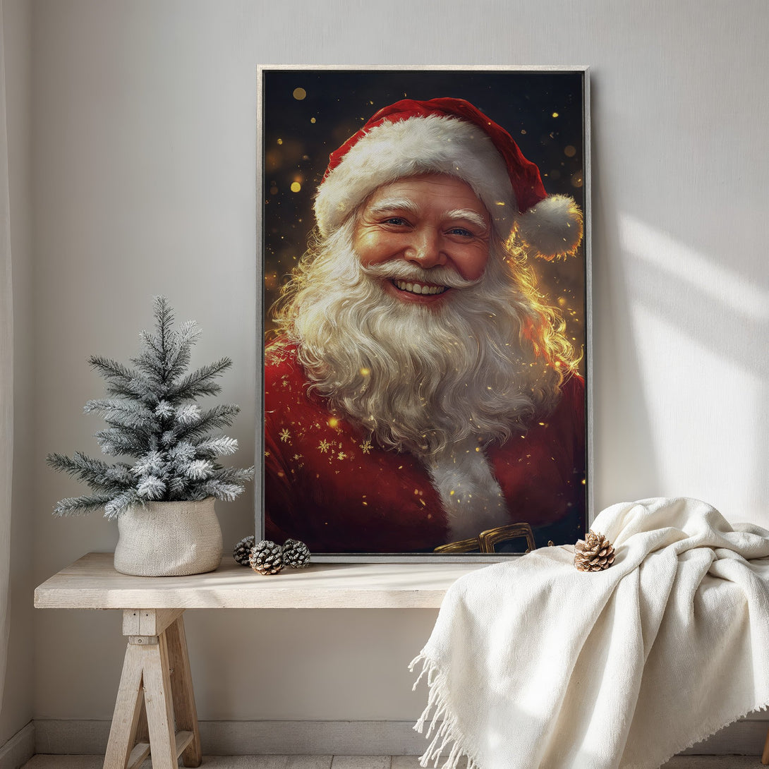 Framed Wall Art featuring a joyful Santa Claus portrait in warm red and gold tones. Perfect Christmas decor for a cozy, inviting space.