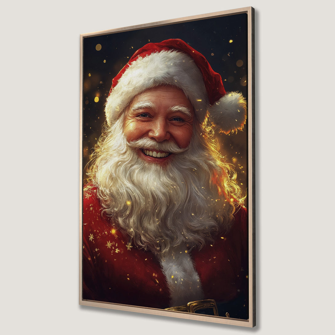 Framed Wall Art: Smiling Santa Claus portrait in festive red and gold hues. Perfect Christmas decor, adding warmth and holiday cheer to your home.