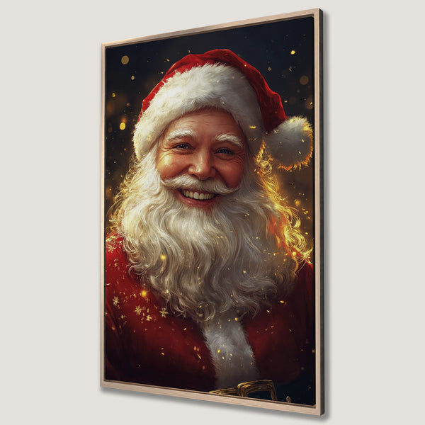 Framed Wall Art: Smiling Santa Claus portrait in festive red and gold hues. Perfect Christmas decor, adding warmth and holiday cheer to your home.