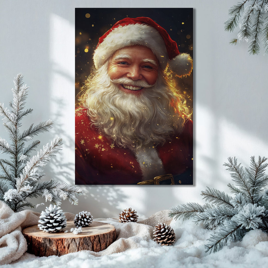 Framed Wall Art: Santa Claus portrait in a warm, festive Christmas scene. Rich red, gold, and green color palette. Perfect holiday decor!