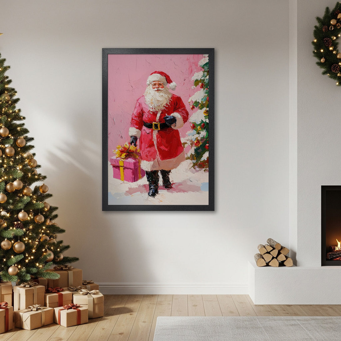 Framed Poster of Santa Claus, oil painting style, red and pink color palette, perfect for Christmas decor.