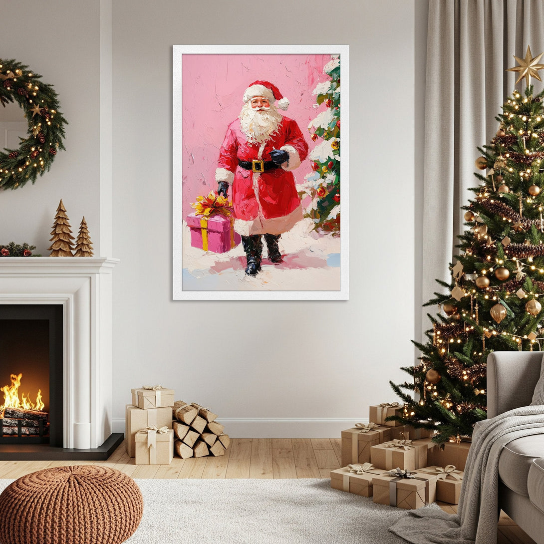 Framed Poster featuring Santa Claus in a painterly style with a pink and red color palette. Perfect Christmas decor!
