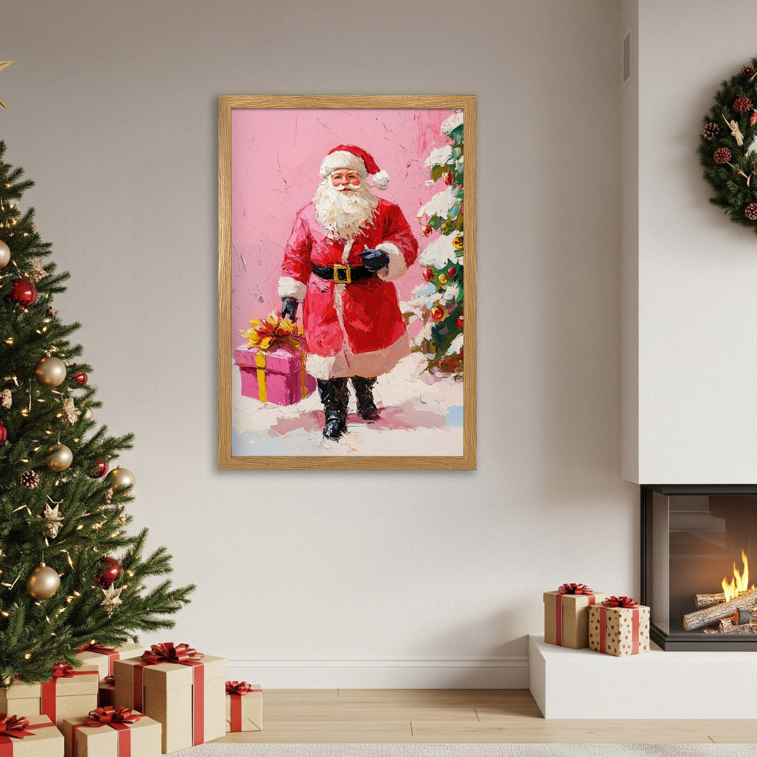 Framed Poster of Santa Claus in a vibrant, impressionistic style with a red and pink color palette, perfect for Christmas decor.