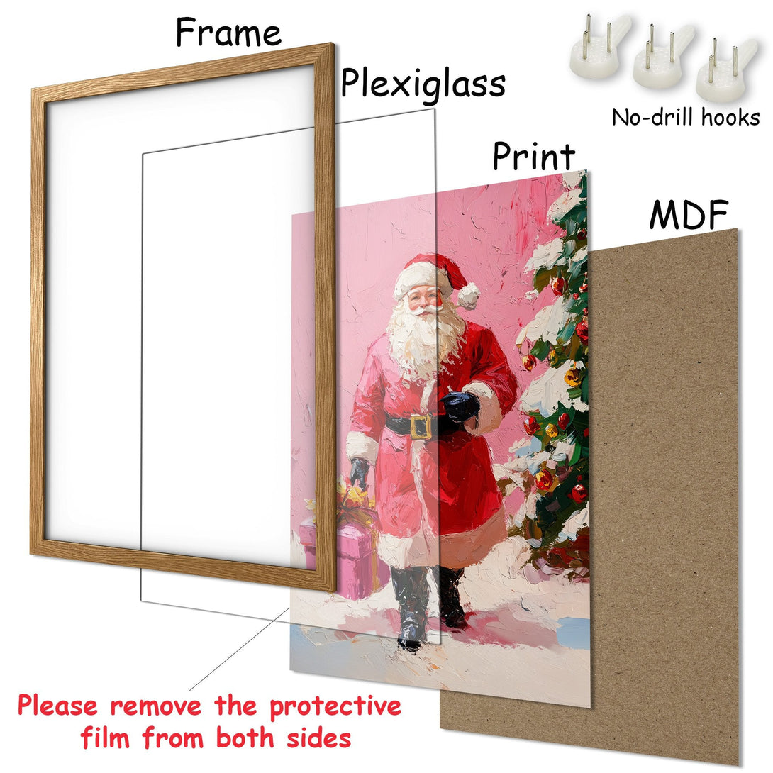 Framed Poster featuring Santa Claus in a vibrant, impressionistic style with a pink and red color palette. Perfect Christmas decor!