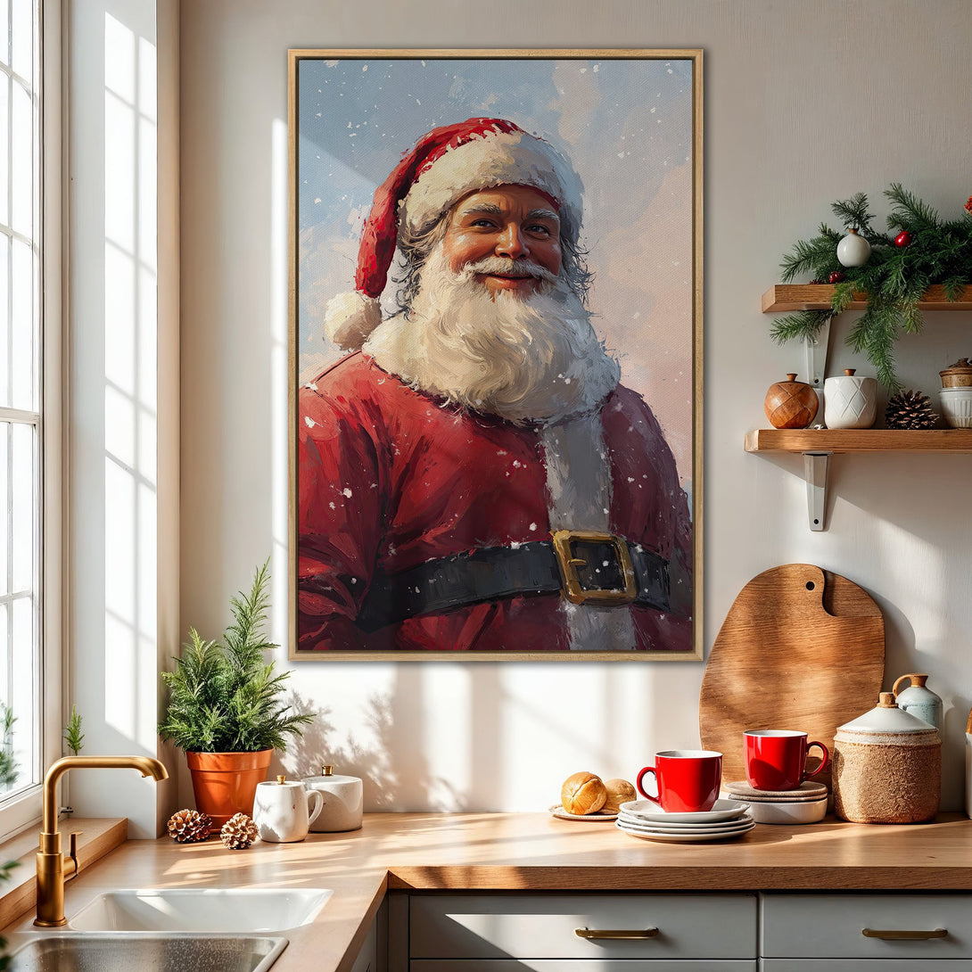 Framed Wall Art featuring a smiling Santa Claus in a red and white palette. Perfect for holiday decor, this print adds festive cheer to any space.