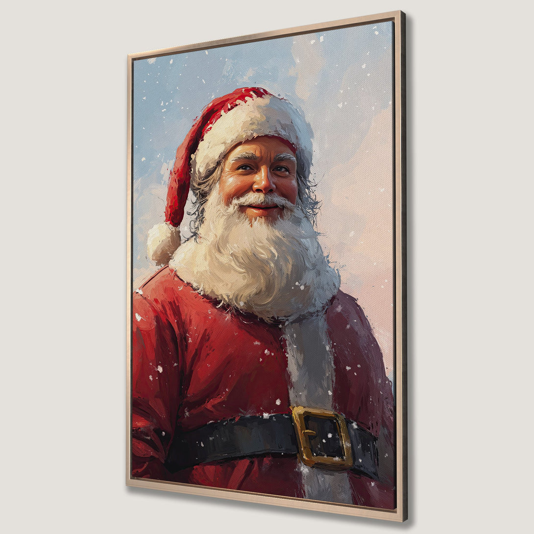 Framed Wall Art: Santa Claus portrait in a painterly style. Festive red, white, and blue color palette. Perfect Christmas decor for your home!