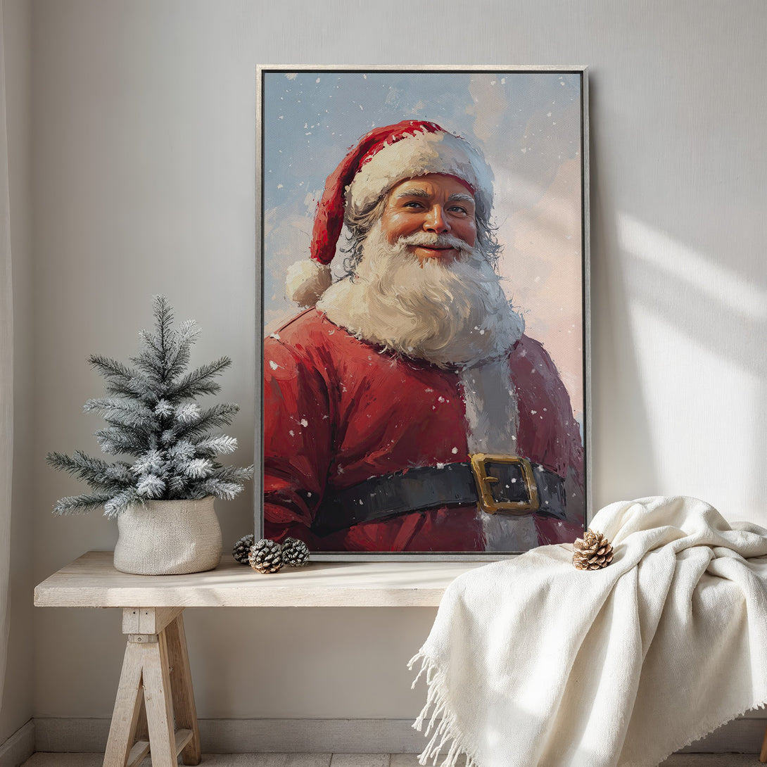 Framed Wall Art: Santa Claus portrait in a painterly style. Festive red, white, and blue color palette. Perfect Christmas decor for your home.