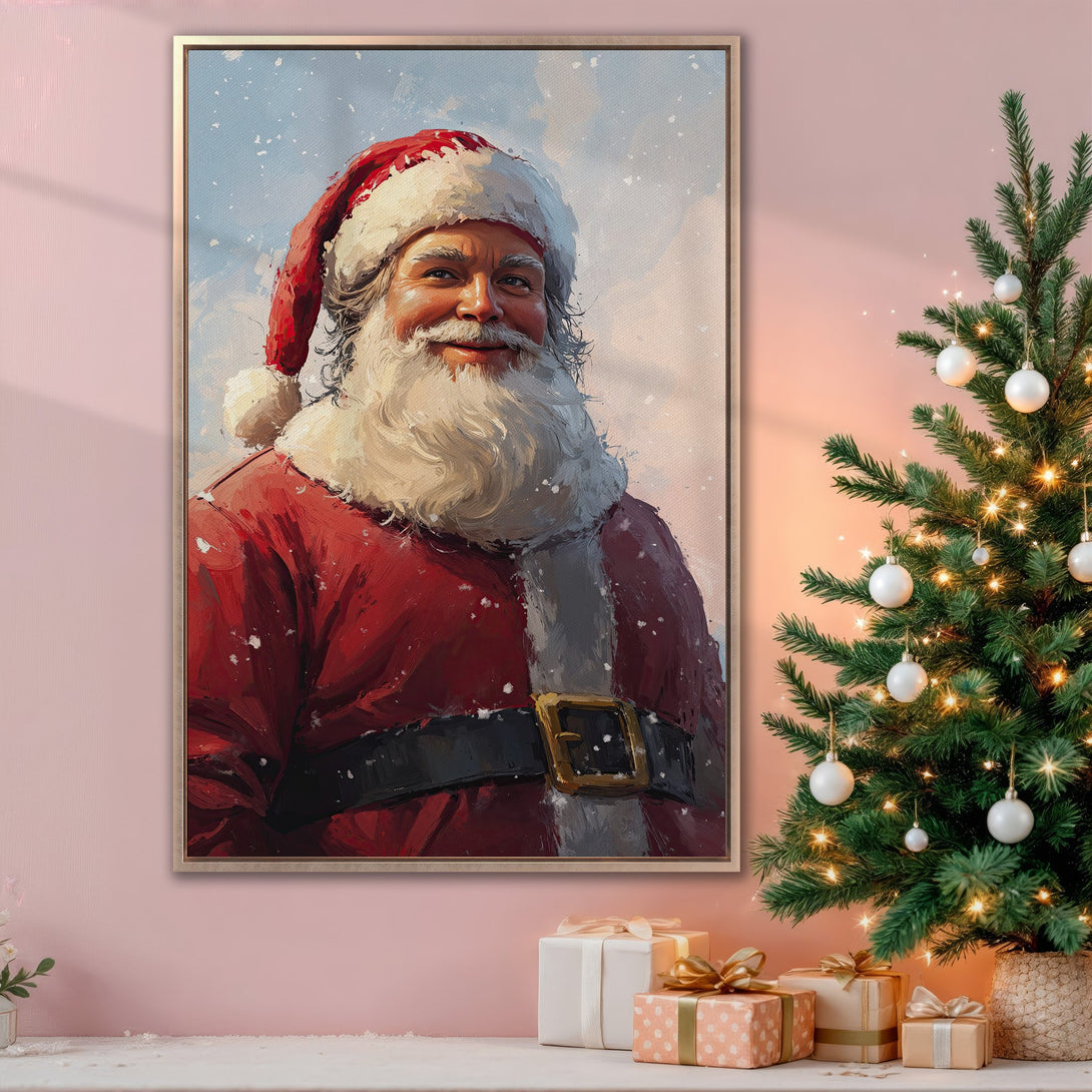 Framed Wall Art featuring a jolly Santa Claus portrait. Festive red, white, and blue color palette. Perfect Christmas decor for your home!