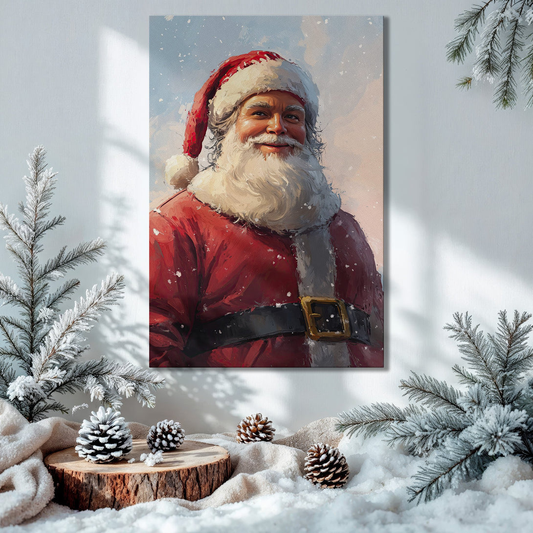 Framed Wall Art: Santa Claus portrait in a festive interior. Red and white palette with gold frame. Perfect Christmas decor.