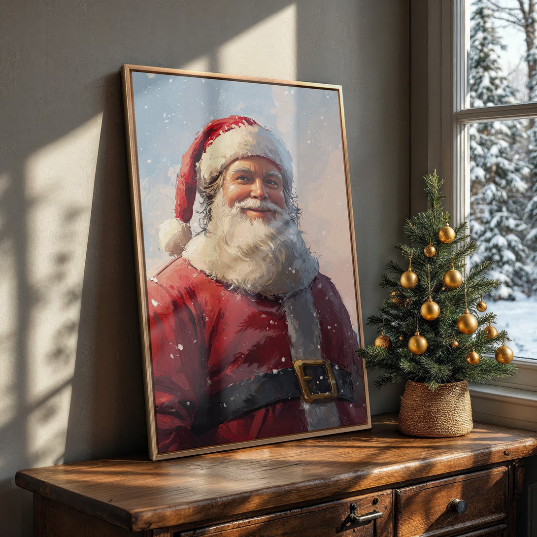 Framed Wall Art: Santa Claus portrait with a warm, painterly style. Rich red, white, and gold color palette, perfect Christmas decor.