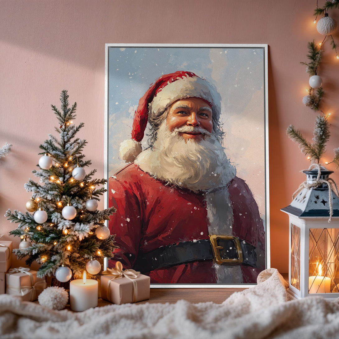 Framed Wall Art: Santa Claus portrait in a warm, painterly style. Festive red and white color palette, perfect for Christmas decor.