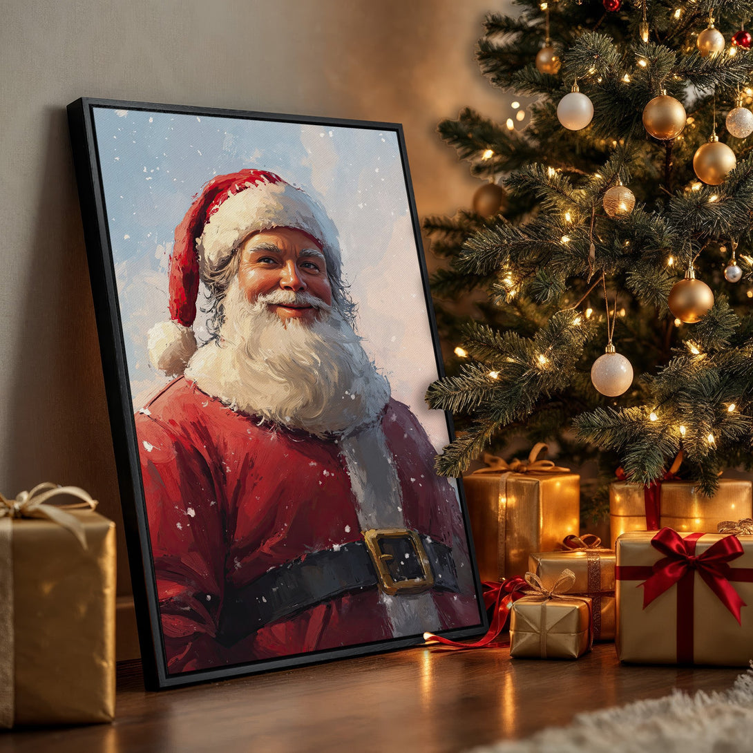 Framed Wall Art of Santa Claus in a painterly style, featuring a warm red and white color palette. Perfect Christmas decor!