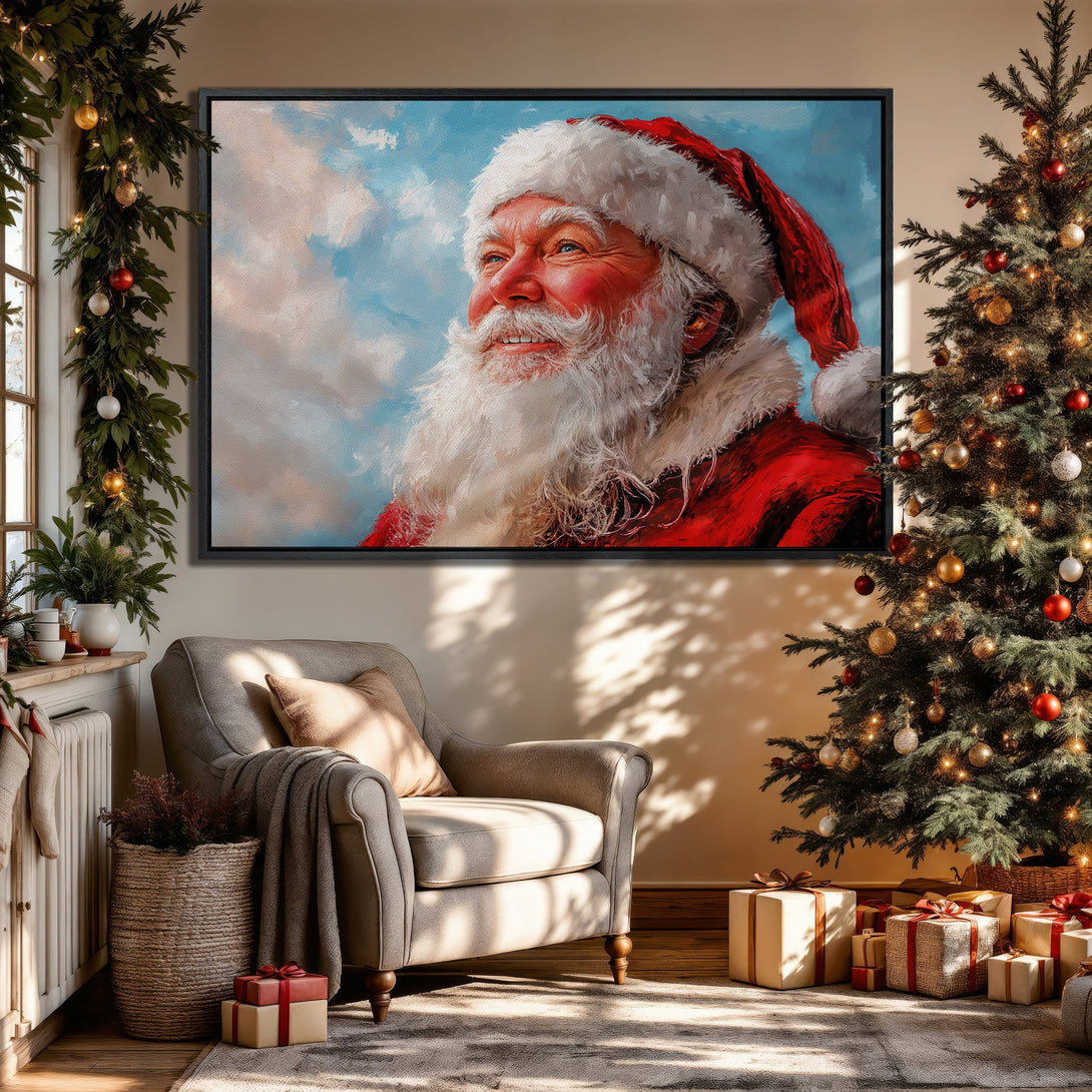Framed Wall Art: Santa Claus portrait in a cozy Christmas interior. Festive red, white, and blue color palette adds holiday cheer. Perfect for seasonal decor!