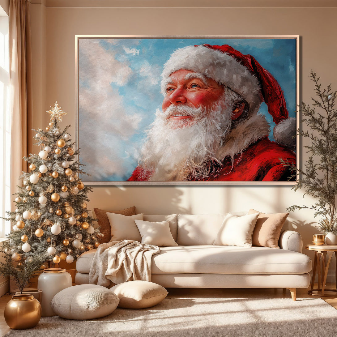 Framed Wall Art of Santa Claus in a warm interior. Festive Christmas decor with a red, white, and blue color palette. Perfect holiday home accent.