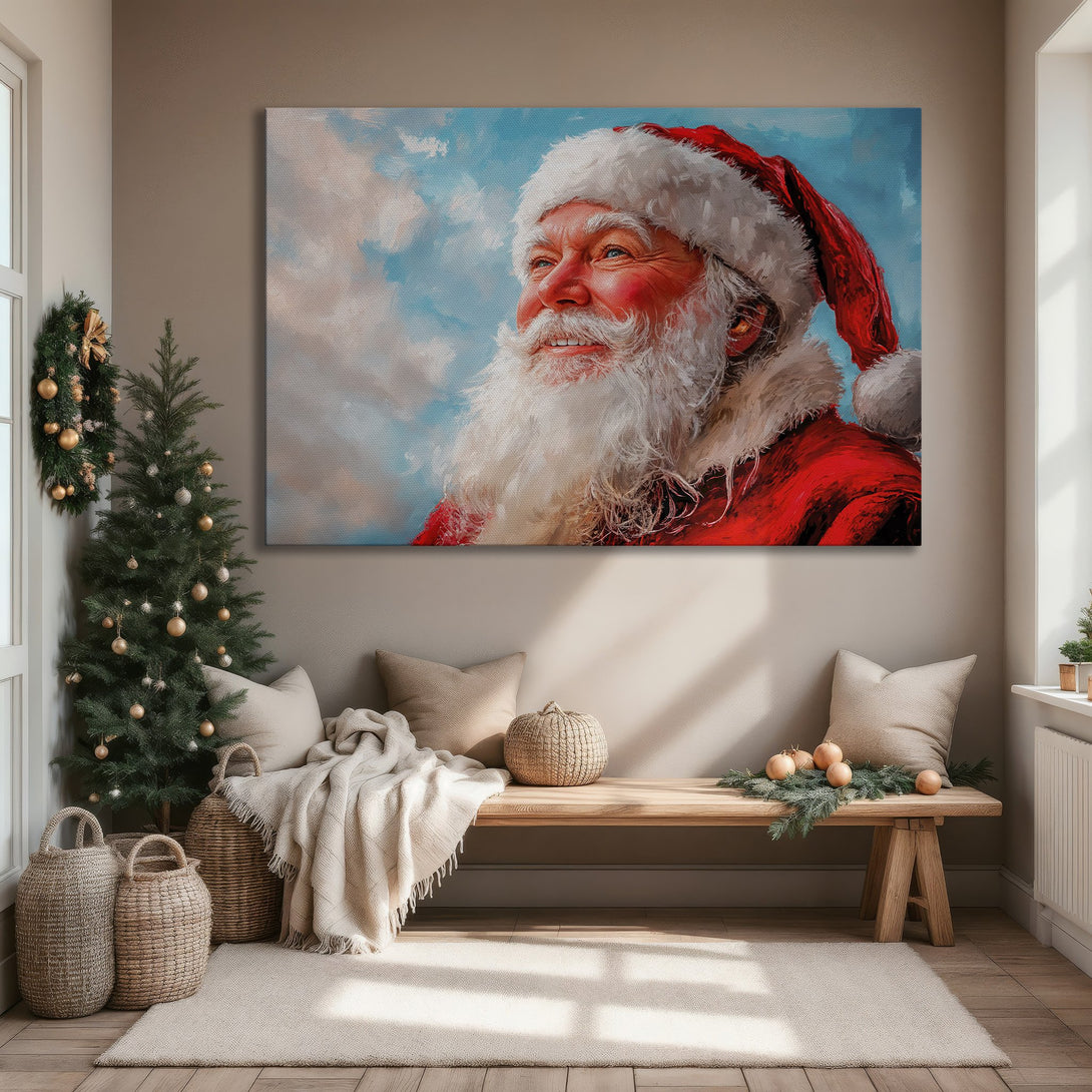 Framed Wall Art of Santa Claus in a vibrant, painterly style. Festive red and blue color palette, perfect Christmas decor for your home.