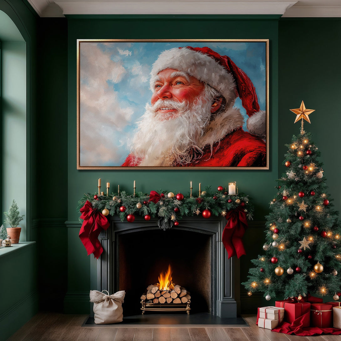 Framed Wall Art: Santa Claus portrait in a festive interior. Classic style, red & blue color palette. Perfect Christmas decor.