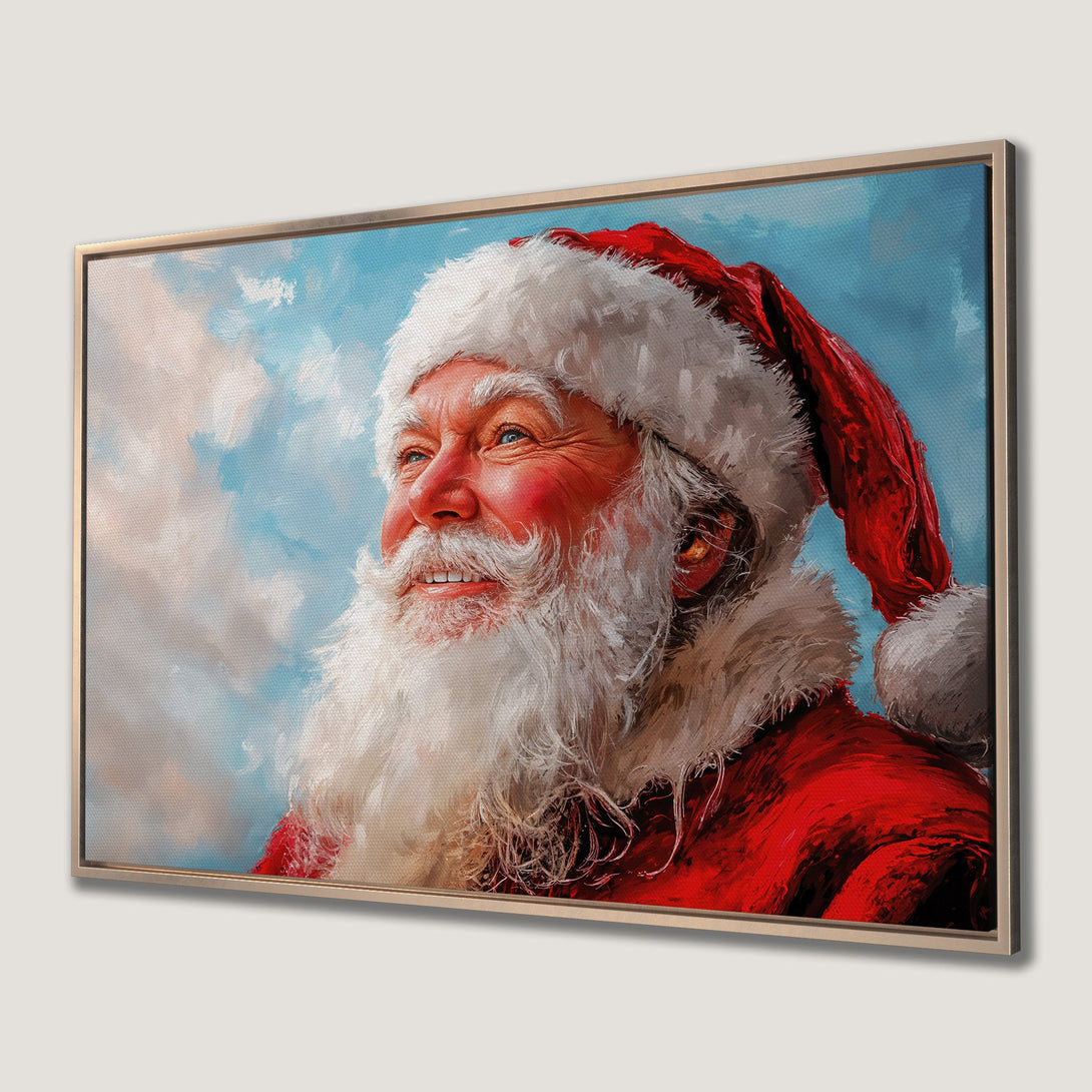 Framed Wall Art of Santa Claus portrait, vibrant red and blue color palette. Festive holiday decor, perfect for Christmas.