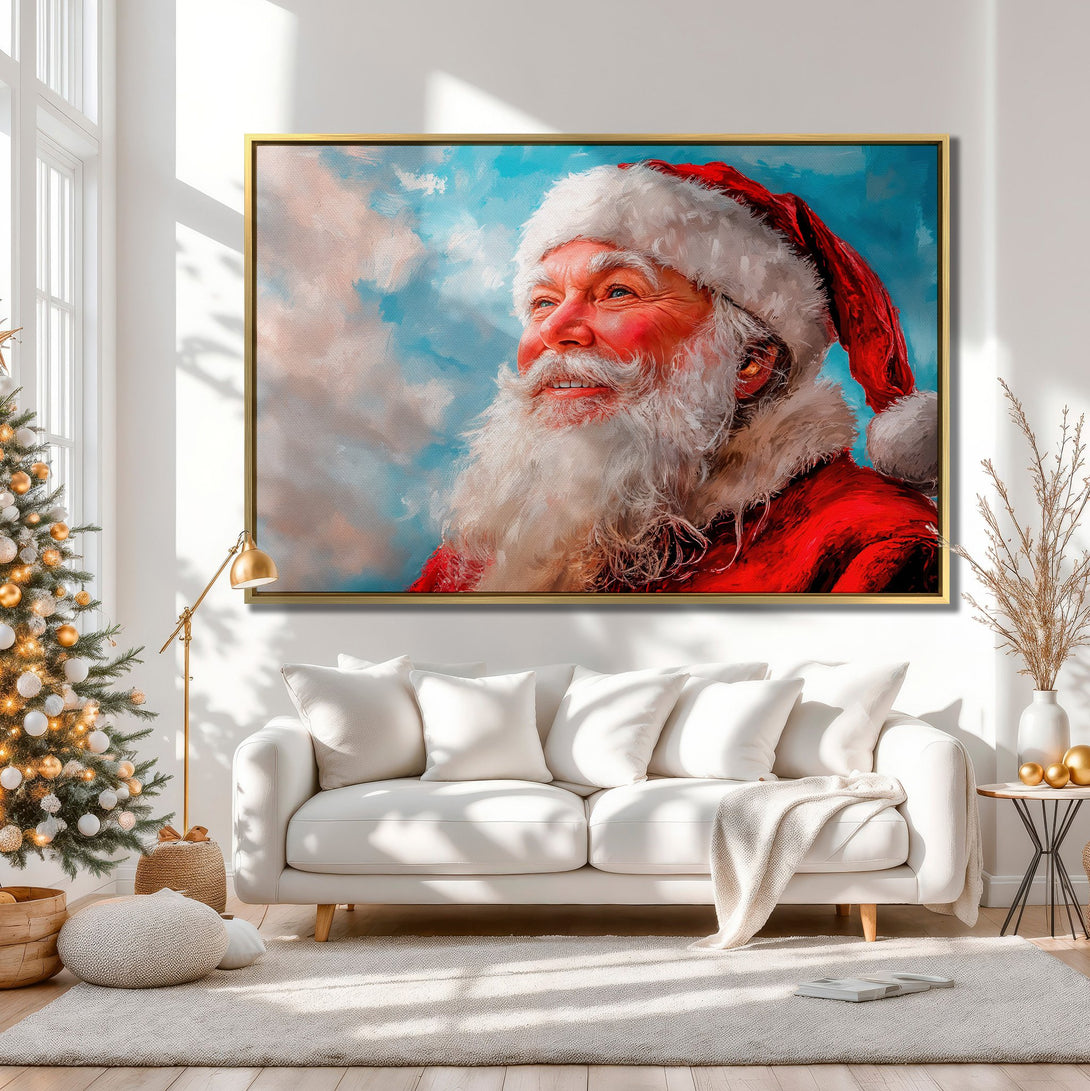 Canvas Print of Santa Claus, festive oil painting in red, white, and blue hues, perfect Christmas wall art for a cozy interior.