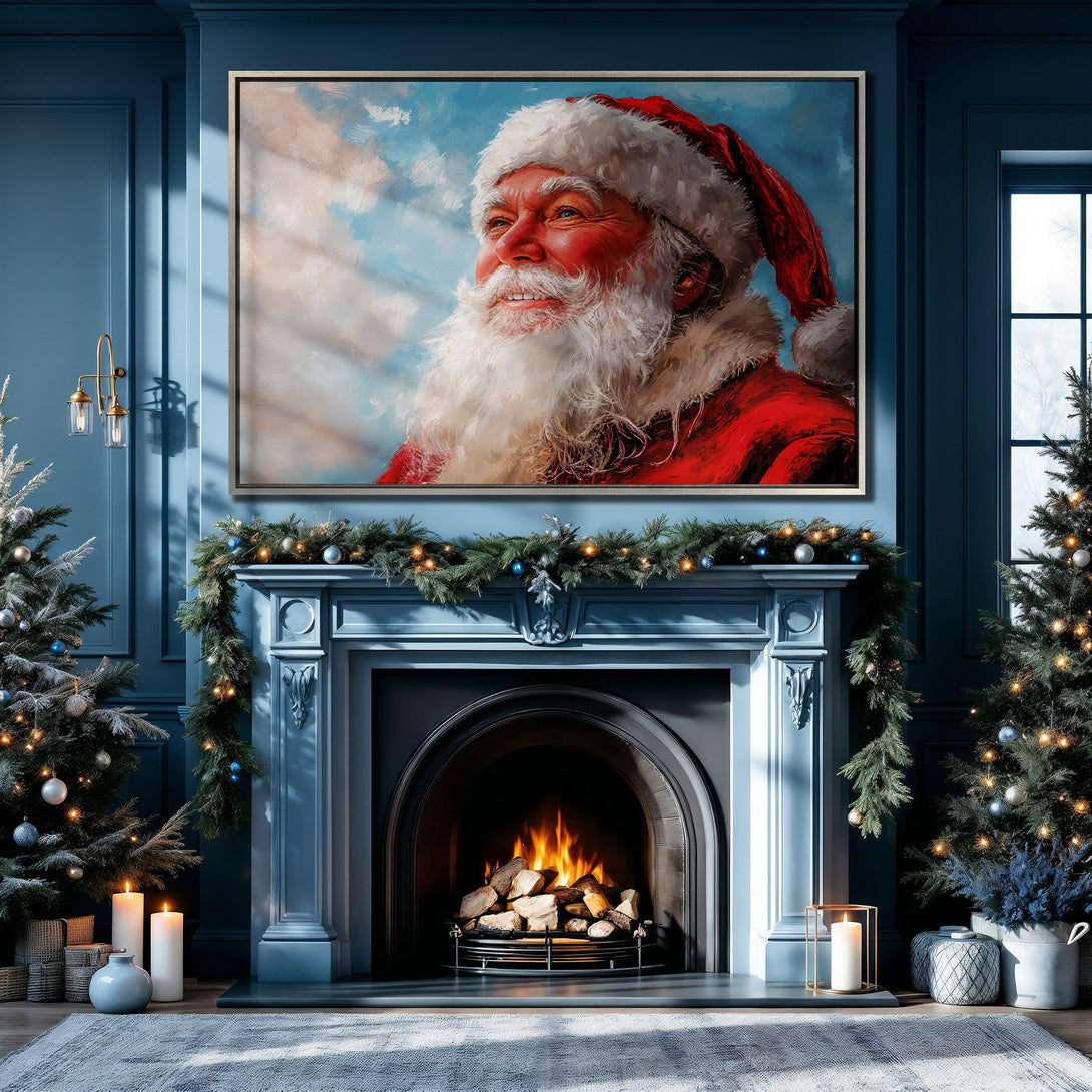 Framed Wall Art: Santa Claus portrait in a classic style, featuring a vibrant red and blue color palette, perfect for Christmas decor.