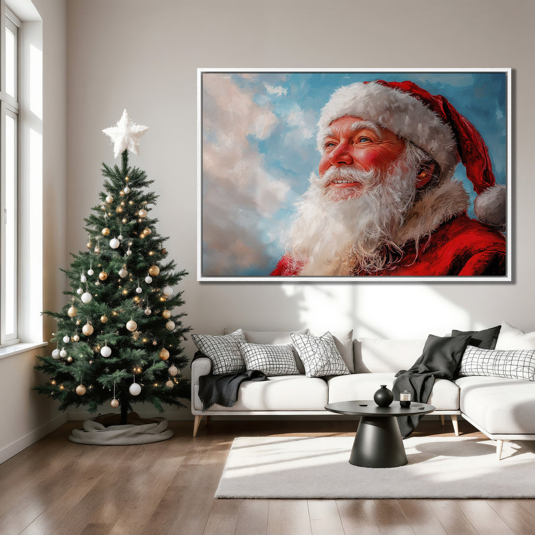 Framed Wall Art of Santa Claus in a painterly style, with red, blue, and white hues. Perfect Christmas decor for a cozy living room.